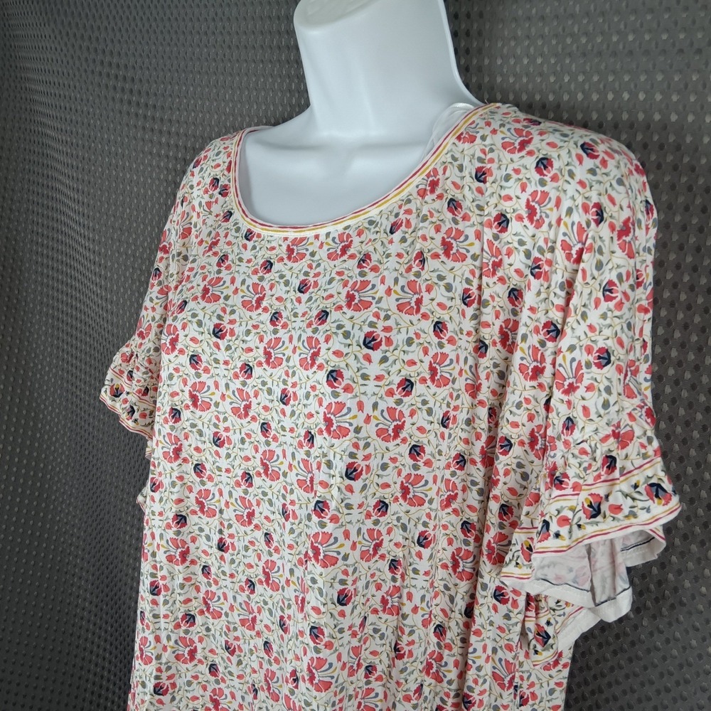 Max Studio Floral Flutter Sleeve Scoop Neck Top White Red Blue 1W05N70